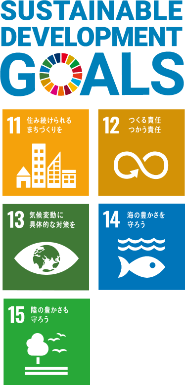 SDGsのゴール11番住み続けられるまちづくりを、12番「つくる責任　つかう責任」、13番気候変動に具体的な対策を、海の豊かさを守ろう、陸の豊かさも守ろうと、14番「海の豊かさを守ろう」アイコン　SUSTAINABLEDEVELOPMENT